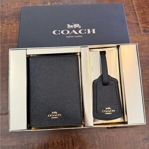 Coach Black Pebbled Glittery Leather Passport Book Cover & Luggage Tag Gold Logo